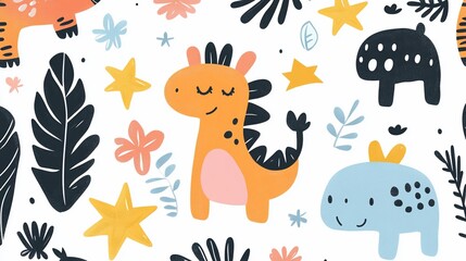 Adorable Cartoon Dinosaur and Animal Friends Seamless Pattern