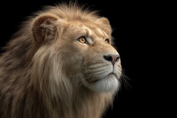 Fototapeta premium Majestic Lion Portrait: Golden Mane, Dark Background, Serene Mood