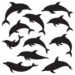 set vector various Dolphin Silhouettes Leaping and Swimming, Outline Dolphins Jumping and Swimming Collection