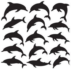 set vector various Dolphin Silhouettes Leaping and Swimming, Outline Dolphins Jumping and Swimming Collection