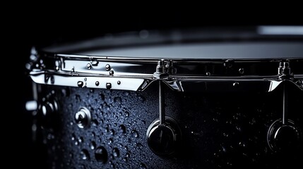 Dark Metallic Drum Closeup: Water Droplets on Drum Shell
