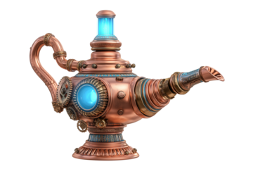A set of steampunk-style Aladdin lamps with gears and pipes, copper and brass finishes, and glowing blue lights in 3D rendering isolated on a transparent background