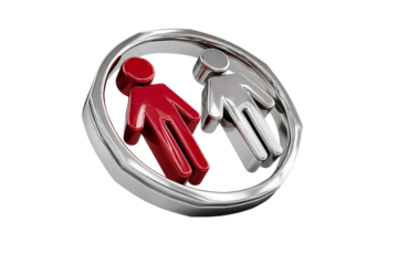 A set of polished chrome 3D stop signs with intertwined male and female symbols on opposite sides symbolizing relationships isolated on a transparent background