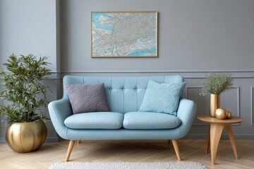 Serene Light Blue Sofa with Vintage Map Art in a Calm Living Room