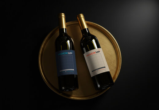 Wine Bottles on Golden Plate Labels Mockup