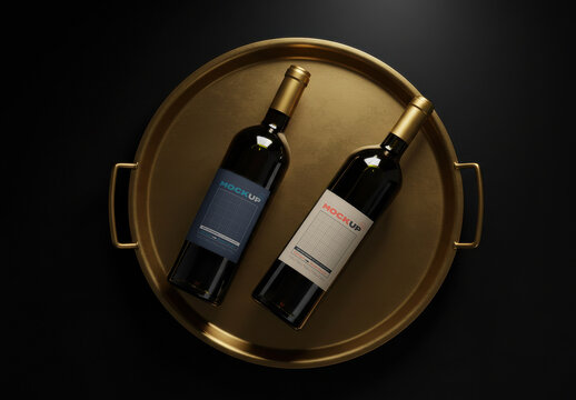 Wine Bottles on Golden Plate Labels Mockup (02)
