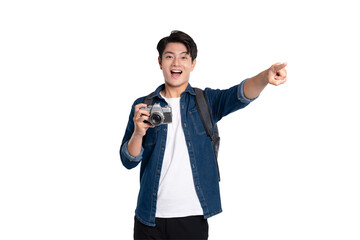 Portrait of young Asian man holding travel camera and posing on PNG background	