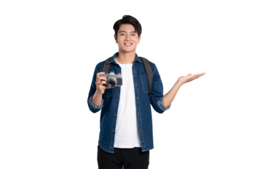 Portrait of young Asian man holding travel camera and posing on PNG background	