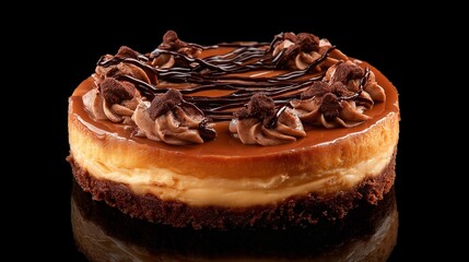 close up of delicious caramel chocolate dessert isolated on black.