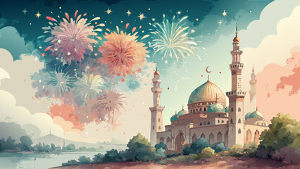 Watercolor festive banner background with fireworks and clouds, celebrating Islamic New Year with copy space  