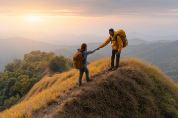 Sunset Hikers: Helping Hands on a Golden Mountaintop