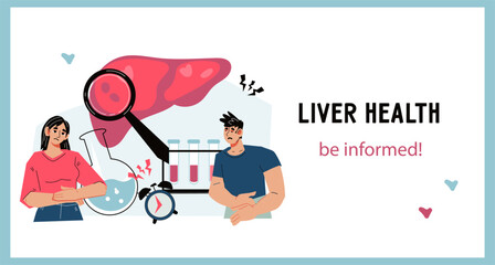Liver health, hepatitis and diagnostic checkups in the prevention and management of liver diseases. Banner template for World Hepatitis Day and Liver health day, flat vector illustration.