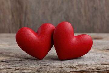 Fototapeta premium Two Red Hearts: Rustic Wooden Background, Romantic Mood