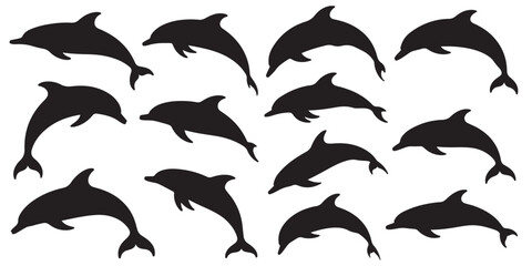 Obraz premium set vector various Dolphin Silhouettes Leaping and Swimming, Outline Dolphins Jumping and Swimming Collection