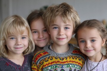 Fototapeta premium Four Children's Candid Portrait: Warm, Knitted Sweater, Joyful Expressions