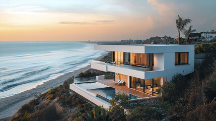 Fototapeta premium Modern white house on hill overlooking ocean at sunset, showcasing luxury and tranquility