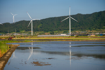 Serene Rural Landscape: Rice Paddy, Village, Wind Turbines, and Forested Hills