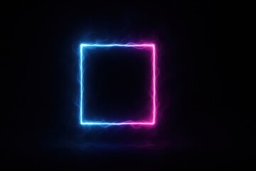 Bright neon square glows in electric colors against a dark background creating a captivating visual effect