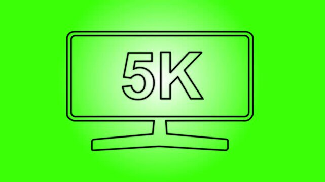 Computer PC monitor display with 5k video technology icon, isolated on green background. 4K video motion graphic animation.