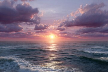 Obraz premium Ocean Sunset: Serene Purple Hues and Rolling Waves