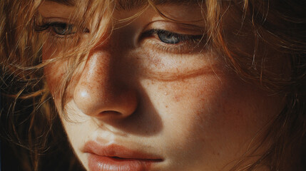 Close-up portrait of a young woman with freckles and natural light.