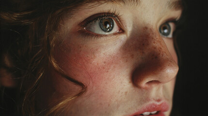 Close-up Portrait of a Freckled Face with Blue Eyes.