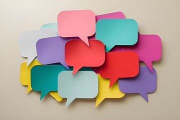 Colorful Paper Speech Bubbles Stack on Beige Background – Minimal Flat Lay Design