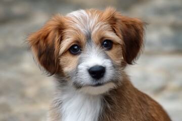 Adorable Puppy Portrait: Sweet Brown and White Fur, Gentle Eyes, Tender Mood