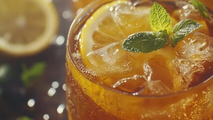 Sparkling iced tea with lemon slice and mint leaves on ice cubes
- Powered by Adobe