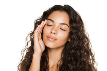 A set of radiant profile shots of youthful Latina female skincare models with long wavy hair, natural glow, eyes closed, and gentle finger pressing isolated on a transparent background
