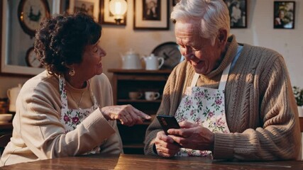 Happy old senior couple laughing using smartphone funny app looking at screen, smiling retired husband and middle aged wife talking having fun watching photos on mobile phone at home cozy kitchen