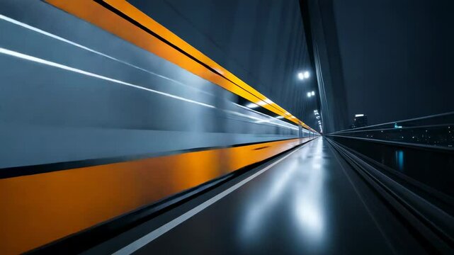 High speed yellow modern train travels on modern bridge with illuminated interior at night