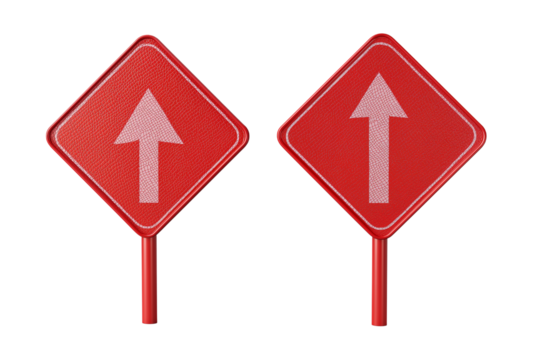A set of realistic 3D minimalistic red road signs with opposite-facing arrows and detailed texture isolated on a transparent background
