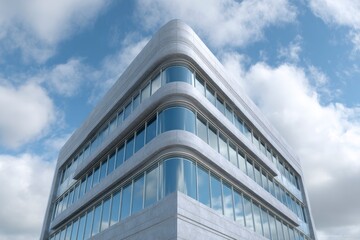 Modern Concrete Skyscraper: Curved Glass Facade Under Blue Sky