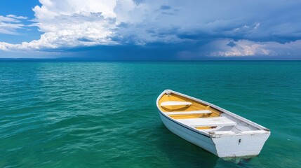Fototapeta premium Small boat on calm sea under a cloudy sky tranquil marine landscape