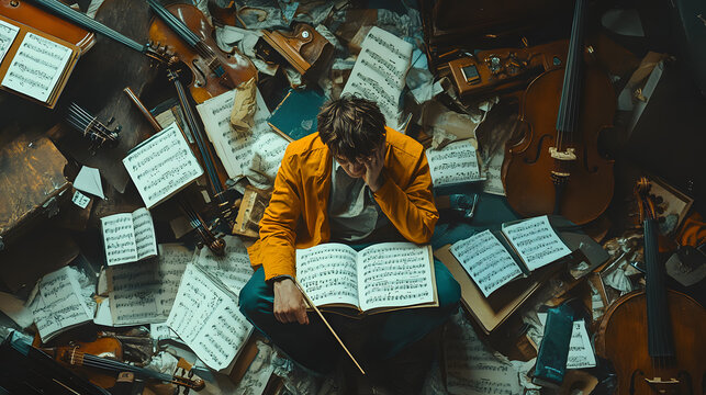 Composer's Block: A musician sits dejected amidst a chaotic symphony of instruments and sheet music, grappling with creative burnout.