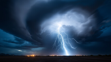 Dramatische Gewitterwolke mit Blitz über dunkler Landschaft