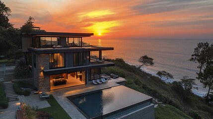 Fototapeta premium Luxurious oceanfront property with stunning sunset views, modern architecture, and serene