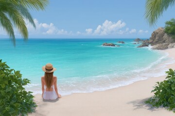Serene Beach Scene: Woman in White Dress Contemplates Turquoise Waters