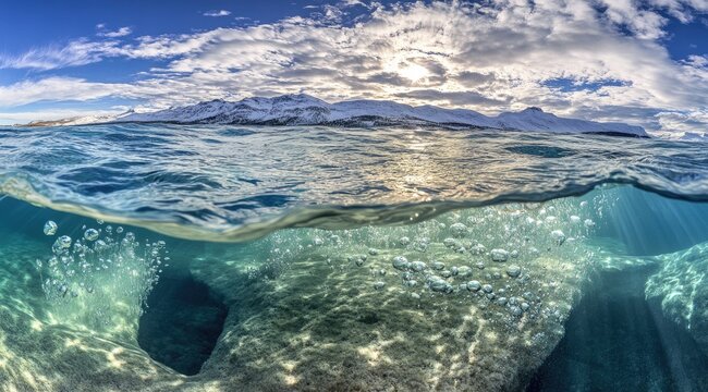 Underwater split panorama of a clear, icy sea