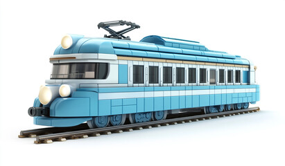 Obraz premium 3D render of a modern train, with a blue and white color scheme, on the track in side view, isolated against a white background
