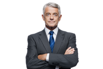 A set of senior businessman portraits with gray hair wearing dark gray pinstripe suits and cobalt blue ties showing warm expressions isolated on a transparent background