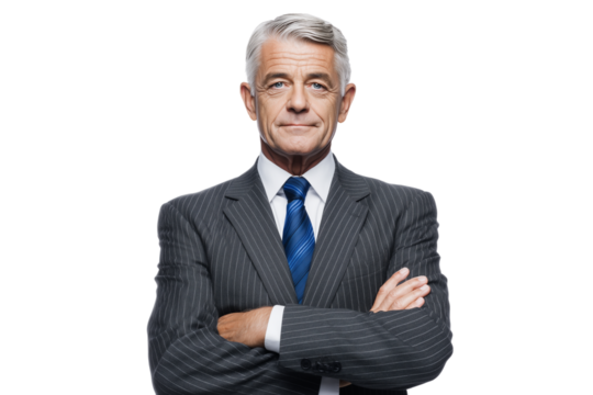 A set of senior businessman portraits with gray hair wearing dark gray pinstripe suits and cobalt blue ties showing warm expressions isolated on a transparent background - Powered by Adobe