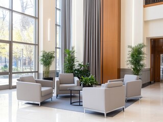 Fototapeta premium Bright lobby area with chairs and plants for relaxation and professional setting
