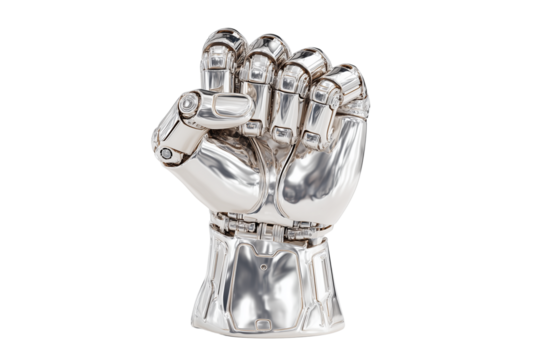 A set of shiny metallic robotic fists raised in powerful poses with reflective surfaces, isolated on a transparent background