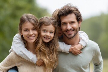 Obraz premium Happy Family Portrait: Joyful Children Hugging Parents in a Serene Outdoor Setting