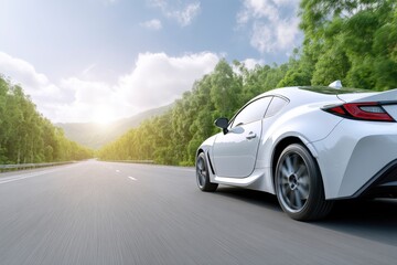 Naklejka premium White Sports Car: Serene Drive Through Lush Green Landscape