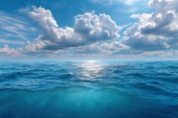 Obraz premium Oceanic Serenity: Sunlit Waves and Cloudy Sky Above