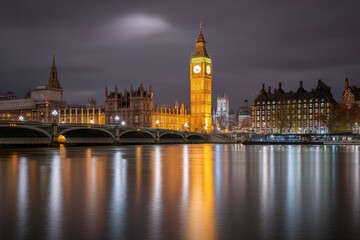 Fototapeta premium Nighttime London: Illuminated Big Ben and Parliament Reflection