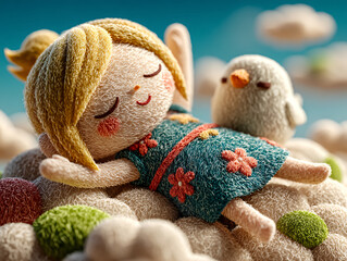 a cute, handcrafted doll with blonde hair and a floral dress, lying on a fluffy cloud. A small bird is perched on the doll's arm, creating a serene and whimsical scene.